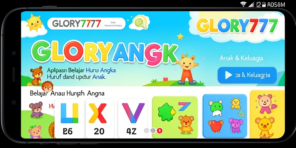 Antarmuka GLORY777 yang ceria dan interaktif untuk belajar huruf dan angka.
