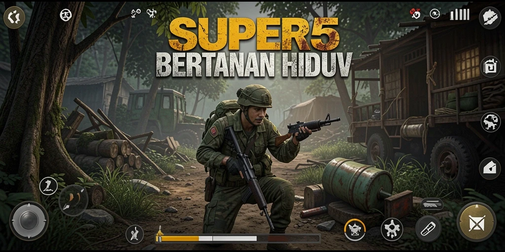 Screenshot utama SUPER5 menunjukkan antarmuka permainan Bertahan Hidup yang mendebarkan.
